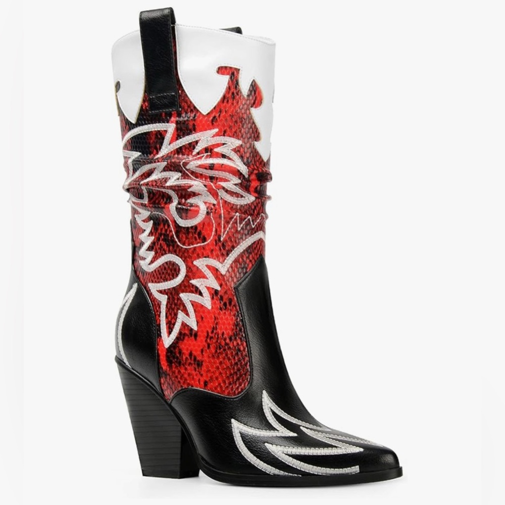 Black and Red Heeled Boots with Western Flair
